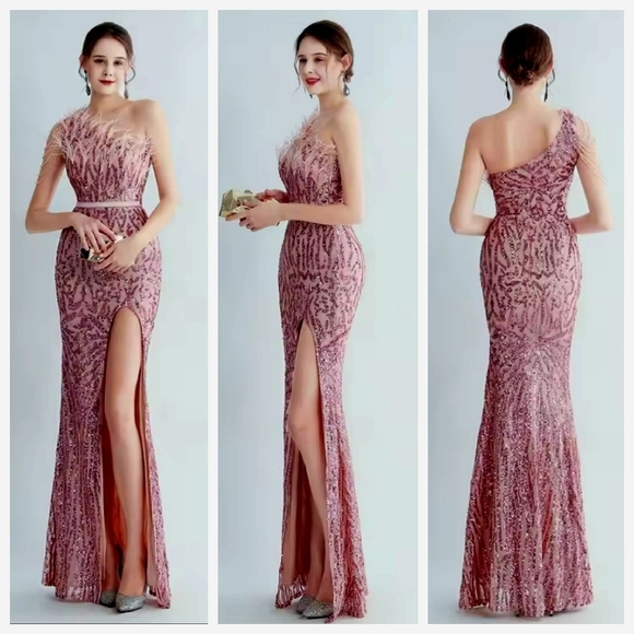 Lotus Pink, Assymmetrical Beaded, Ostrich Feathers, Geo Print,  Sequined Gown - Picture 1 of 13